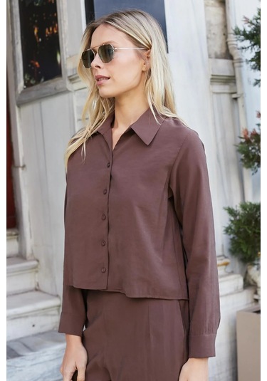 Kadın Likrasız Modal Kumaş Uzun Kol Hafif Kısa Gömlek-kahve Kahve