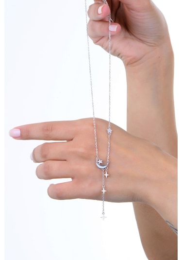 Gümüş Rodyumlu Zirkon Ve Sedef Taşlı Ay Işığı Yıldız Yağmuru Kolye Barcode Gümüş