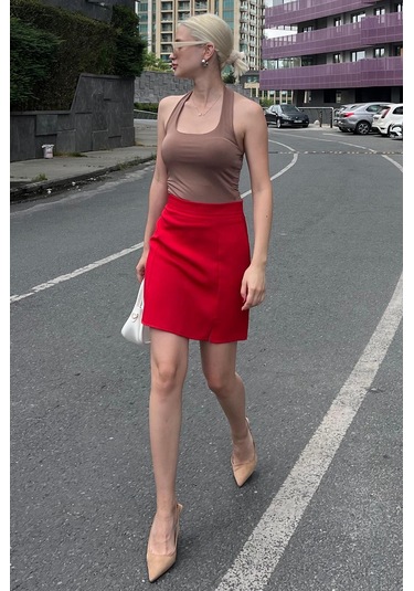 Madmext Kırmızı Yüksek Bel Önden Yırtmaçlı Kısa Etek Mg2086 Kırmızı