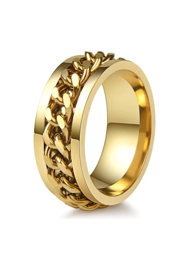 Ortası Dönebilen Zincirli Erkek Kadın Anti-stres Çelik Alyans Yüzük Cl43 Sarı