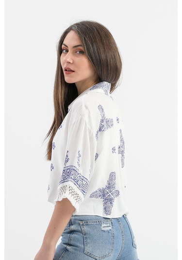 Antik Desenli Kolları Püsküllü Gömlek - Saksmavisi-saksmavisi Saks