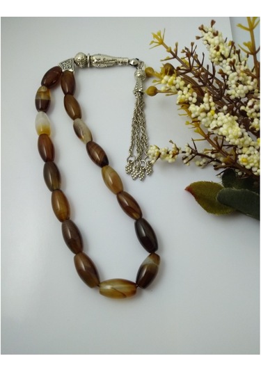 Balıkhediyelikfoto Kahve Akik Taşi Şak Şak Tespih / Uzun Arpa Model Doğaltaş Tespih