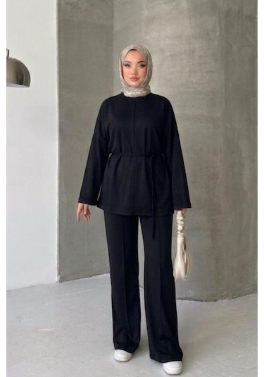 Thiff Tesettür Önü Bağlamalı Oversize Çimalı Modal Takım Siyah
