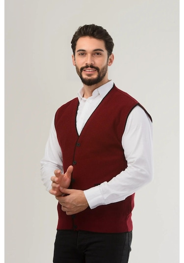 Kamalı Bordo Erkek V Yaka Triko Düğmeli Cepli Çizgi Desenli Regular Fit Tüylenmeyen Örgü Yelek Bordo