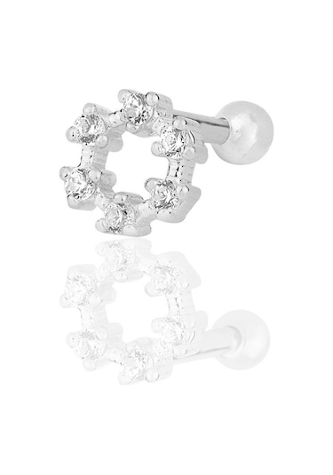 Gümüş Rodyumlu Zirkon Taşlı Simit Modeli Tragus Helix Piercing Küpe Gümüş