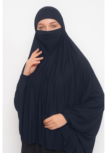 Altobeh Kollu Sufle Çarşaf Üstü Peçeli Pratik Tesettür Hijab - Nikaplı Namaz Örtüsü - Lacivert