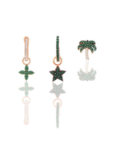 Gümüş Rose Yeşil Taşlı Yıldız Yonca Ve Palmiye Kombin Üçlü Küpe Seti