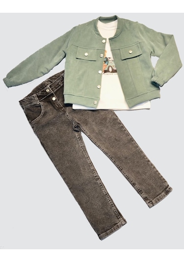 4-5-6 Yaş Kot Pantolonlu Nubukceketli Uzun Kollu Penye Sweat 3lü Erkek Çocuk Takımı