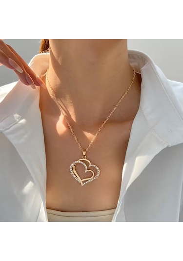Moda My Love 2li Kalp Bileklik, Kolye, Küpe Set, Sevgililer Günü Altın