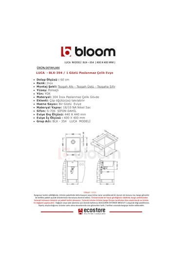 Bloom Luca 1 Gözlü Paslanmaz Çelik Eviye 40 x 40 CM