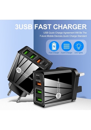 Sandwich 36w Mini Siyah Euro Şarj Cihazı, 3 Usb Qc 3.0 + Pd Hızlı Şarj, Seyahat Usb Adaptörü, 100-240v, Ev Ve Seyahat İçin