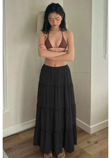 Madmext Siyah Basic Pileli Kadın Uzun Etek-siyah Siyah