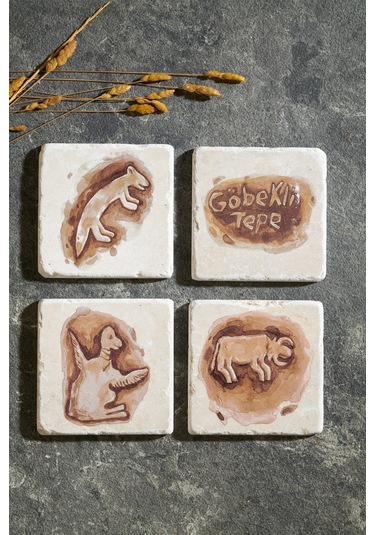 Göbeklitepe Serisi 4'lü Traverten Bardak Altlığı Çok Renkli