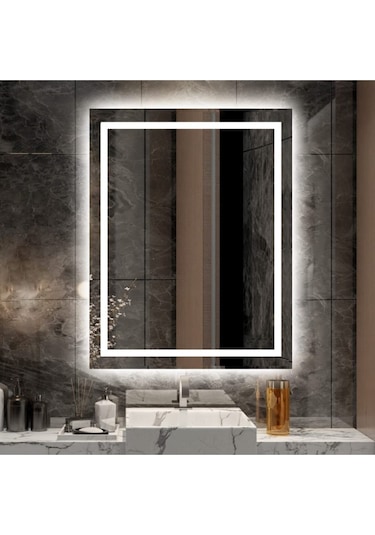 Nuun Dekor 80x60cm Beyaz Ledli Kumlamalı Banyo Aynası - Trafolu Beyaz
