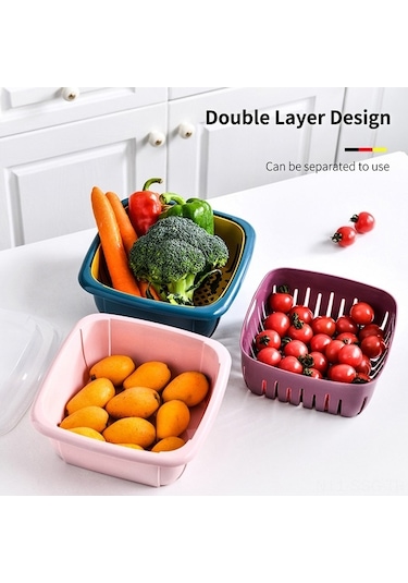 Pazly Çift Katlı Pembe Sebze-meyve Saklama Kutusu Pp Malzeme, 220x220x110mm, Şeffaf Kapak, Optik Süzgeçli Pembe