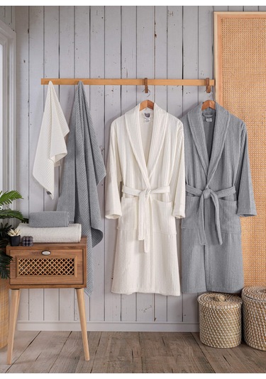 Newhome Alfa 6 Parça Kutulu %100 Pamuk Lüx Aile Bornoz Seti Gri-krem Karışık