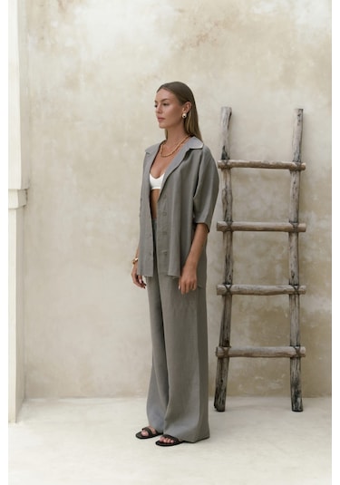 Mai Collection Baron Füme Keten Gömlek Pantolon Takım Füme