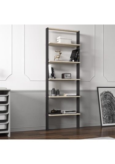 Hero 5 Raflı Modern Kitaplık - 180 Cm Antrasit/traverten