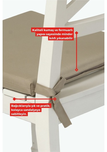 4'lı Sandalye Minderi Su İtici Kumaş 40x40 Cm Sünger Sandalye Minderi Bağcıklı Bej