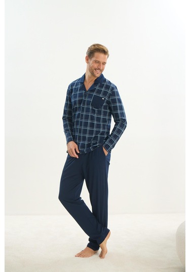Erkek Uzun Kol Gömlek Yaka Önden Düğmeli Lacivert Pijama Takım C9t1n5o9 001