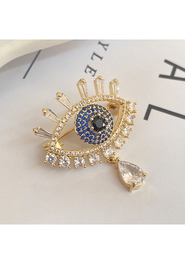 Broş Kadın Zirkon Taşlı Nazar Göz Broş Gözyaşı Yaka İğnesi Gold
