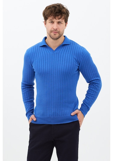 Saks Erkek Polo Yaka Fitilli Triko Kazak Saks