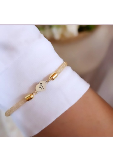 Archin N Harfine Özel Kalp Motifli 14 Ayar Altın Plakalı Hasır Kordonlu Hediye Bileklik-474harf N