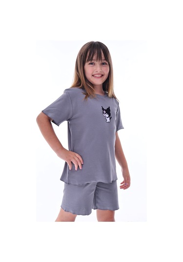 Ribana Beybi Overlok Detaylı Kuromi Nakışlı Alt-üst Takım Füme