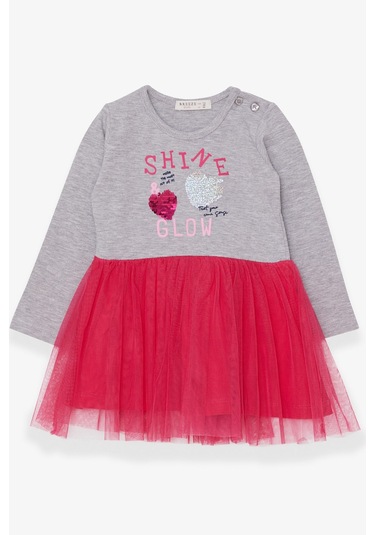 Breeze Kız Çocuk Uzun Kollu Elbise Pullu Yazı Baskılı 1.5-5 Yaş, Gri Melanj