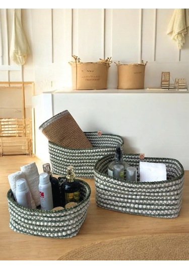 3'lü Hasır Görünümlü Düzenleyici Sepet - Leke Tutmaz - Yeşil Yeşil