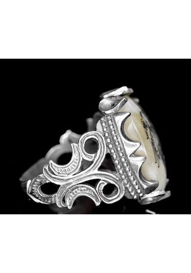 925 Ayar Gümüş Erkek Yüzük - 5.30 Karat Doğal İnci Taşı, Çift Başlı Kartal Tasarımı Gümüş