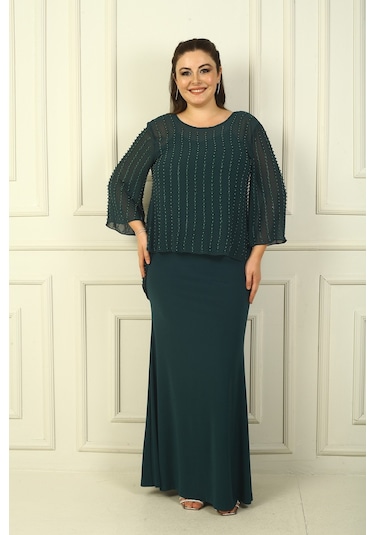 İçi İp Askılı Astarlı Uzun Sandy Elbise Arkası Düğmeli Boncuklu Şifon Bluz Büyük Beden 2'li Takım Zümrüt