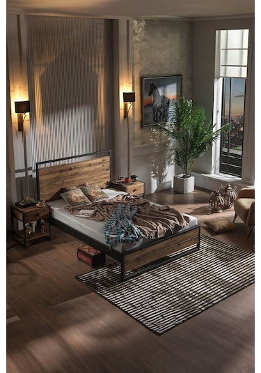 Ariane Ahşaplı Çift Kişilik Metal Karyola Siyah Ahşap Latalı