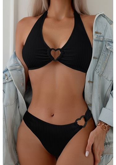Angelsin Kalp Aksusuarlı Bikini Takım Çıkartılabilir Kaplı Siyah
