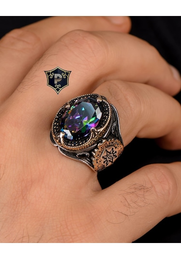 Prestij Gümüş 925 Ayar Gümüş Mistik Topaz Taşlı Zirkon Taş Süslemeli Erkek Yüzüğü