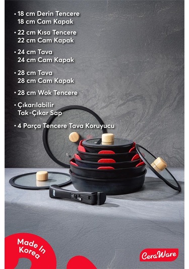 Ceraware Hona XL 14 Parça Tak Çıkar Saplı İç İçe Geçebilen Seramik Yapışmaz Tencere Tava Seti Siyah