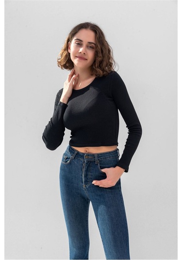 Gri Uzun Kollu Fitilli Bluz Crop Örme T-shirt Siyah