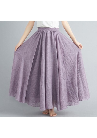 Yaz Sonbahar Kadın Etek Edebi Büyük Boy Pamuk Keten Yarım Etek Elastik Bel Keten A-line Etek Uzun Bölüm Saf Renk Rüzgar Salıncak Etek Açık Mor