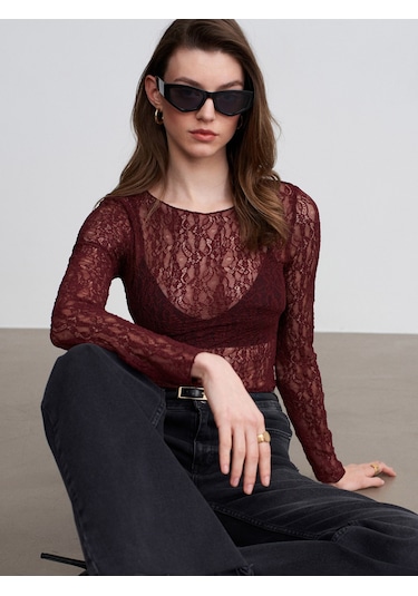 Dilvin 32764 Kayık Yaka Dantel Top-bordo