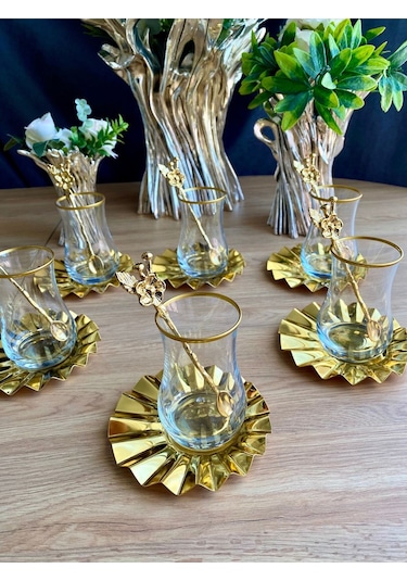 Atabey Home Collection 18 Parça Eva Çay Seti Metal Yelpaze Tabak Japon Gülü Çay Kaşikli Çok Renkli