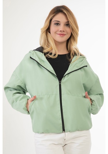 Riverstorm Kadın Su Yeşili Su Ve Rüzgar Geçirmez Kapüşonlu Cepli Oversize Yağmurluk - Rüzgarlık Su Yeşili