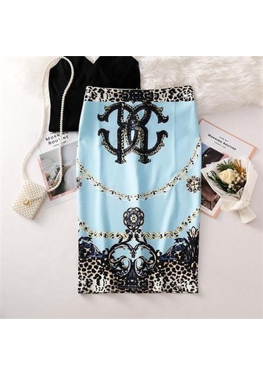 Açık Mavi Yaz Baskı Zarif Kalem Etek Kadın Yüksek Bel Diz Boyu Etek Kadın Açık Mavi