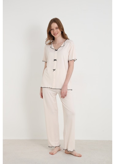 Elitol Bamboo Örme Fiyonklu Kadın Pijama Takımı Ekru-5