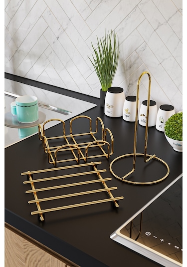 Bino Servis Sunum Seti Havluluk Peçetelik Nihale Gold Altın Dolu Parlak Paslanmaz Çelik 3 Lü Mutfak