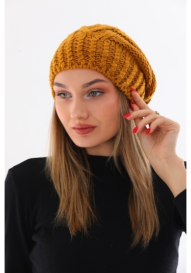 Kadın Kalın Hardal Örgü Ponponlu Bere Hardal