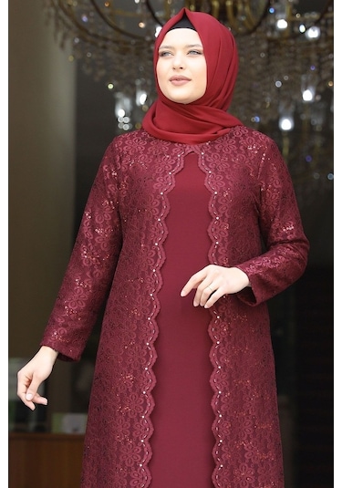 Amine Hüma Papatya Tesettür Abiye Elbise Bordo
