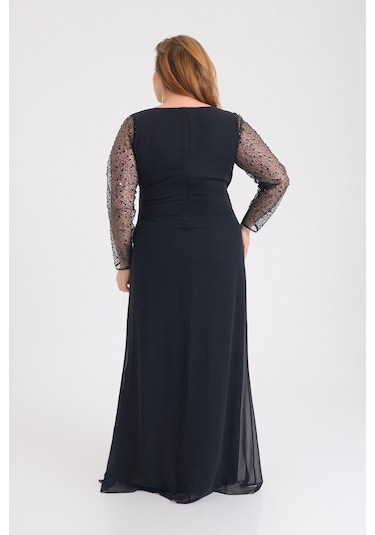 Lilas Xxl Kadın Büyük Beden Şifon Uzun Abiye Elbise 9651 Siyah Siyah