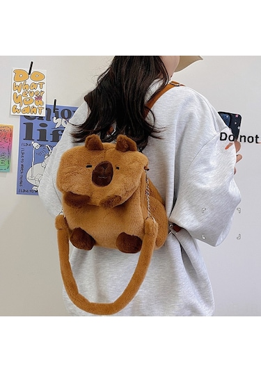 Symbee 2024 Yeni Model Kedi Desenli Yumuşak Plüsh Çift Omuz Çanta, Öğrenci Çantası, Çapraz Çanta, Kadın Çantası Kahverengi