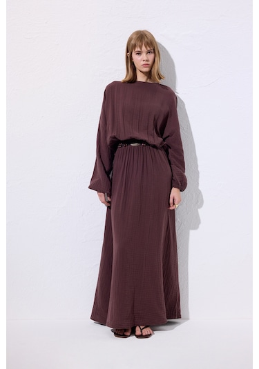 Müslin Beli Büzgülü Elbise Mürdüm Mürdüm