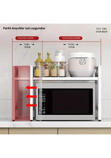 Honeybeeshop Beyaz 38 66cm 2 Katmanlı Genişletilebilir Mikrodalga Rafı Metal Mutfak Tezgahı Depolama Rafı 6 Saç Tokası İle Pratik Ev Mutfak Çözümü